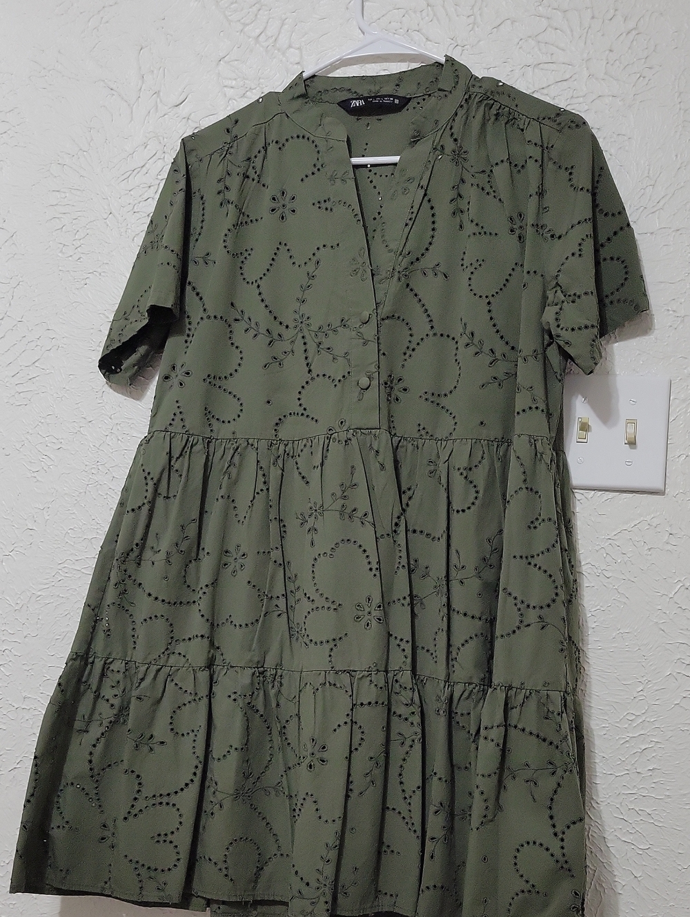 Zara Olive Green Eyelet Tiered Short Dress
